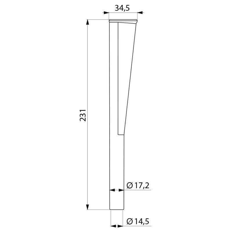 Technische Zeichnung eines konischen zylindrischen Objekts mit einer Höhe von 231 Einheiten, einem oberen Durchmesser von 34,5 Einheiten sowie Basisdurchmessern von 17,2 und 14,5 Einheiten.