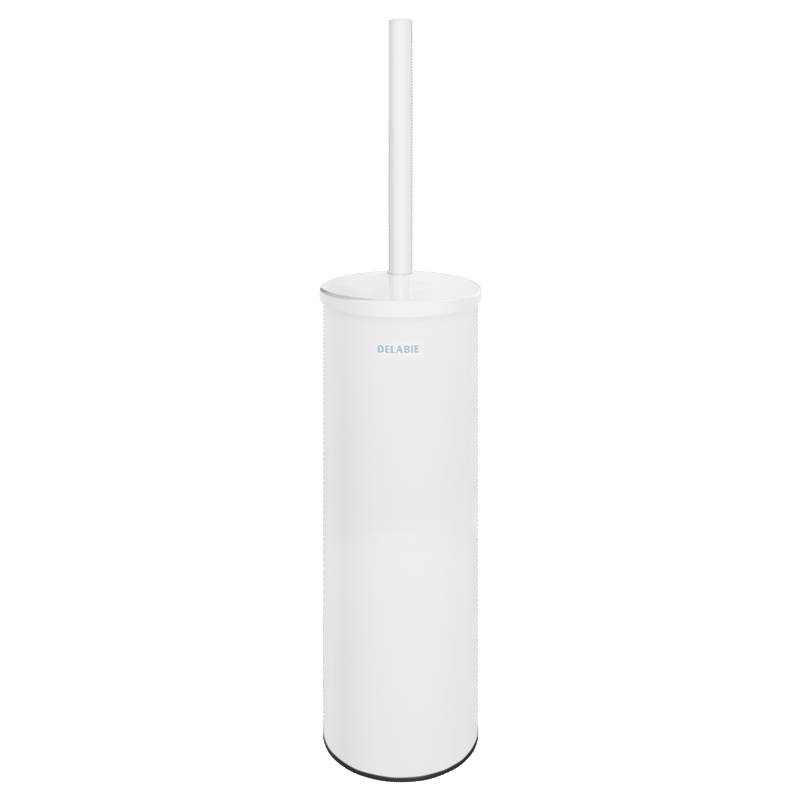 Ein weißer Delabie Bürstenhalter mit einer zylindrischen Gestaltung, der einen vertikalen Griff an der Oberseite aufweist.