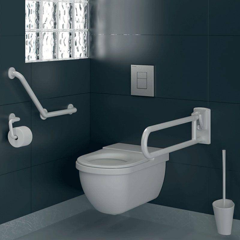 Rollstuhlgerechte Toilettenkabine mit wandmontierter Toilette, Haltegriffe, Spülknopf und Toilettenbürste in einem gefliesten Badezimmer.