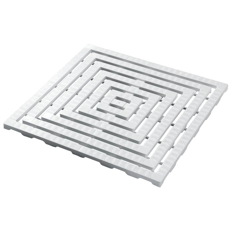 Weißes quadratisches, labyrinthartiges Muster auf schwarzem Hintergrund, das konzentrischen Quadraten mit einer gestuften Gestaltung ähnelt.