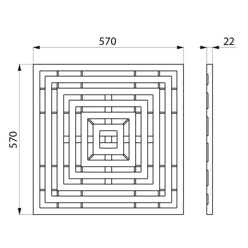 Quadratischer Ablaufdeckel mit konzentrischen Quadraten-Design; Abmessungen 570x570mm, Dicke 22mm.