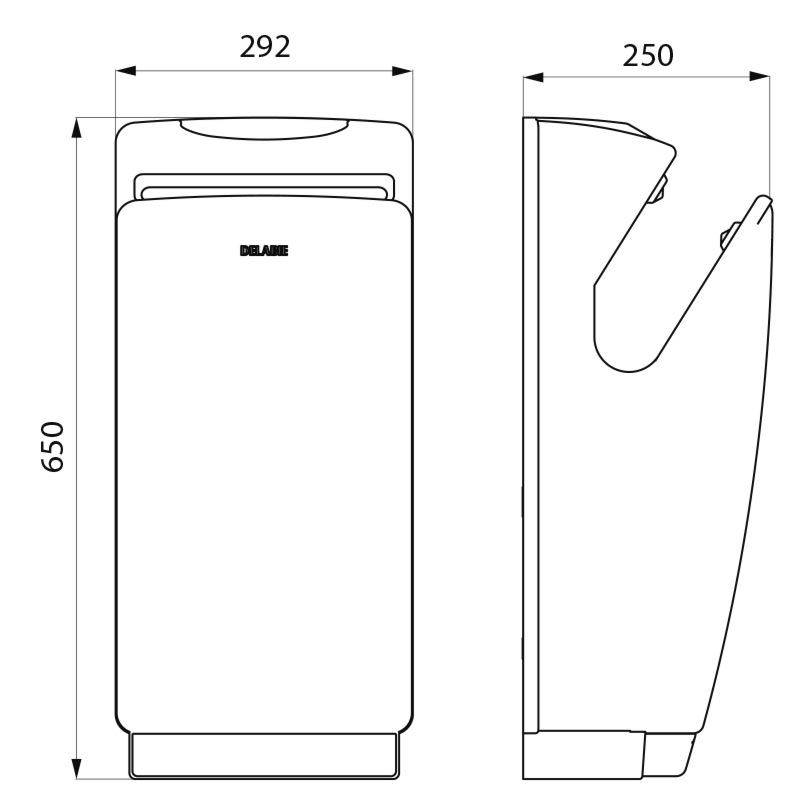 Technische Zeichnung eines Handtrockners mit Abmessungen: 650 mm Höhe, 292 mm Breite, 250 mm Tiefe. Vorder- und Seitenansicht dargestellt.