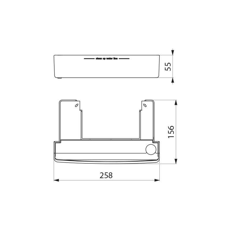 Technische Zeichnung eines rechteckigen Objekts mit Abmessungen, 258 mm Breite, 156 mm Höhe und 55 mm Tiefe, beschriftet mit 