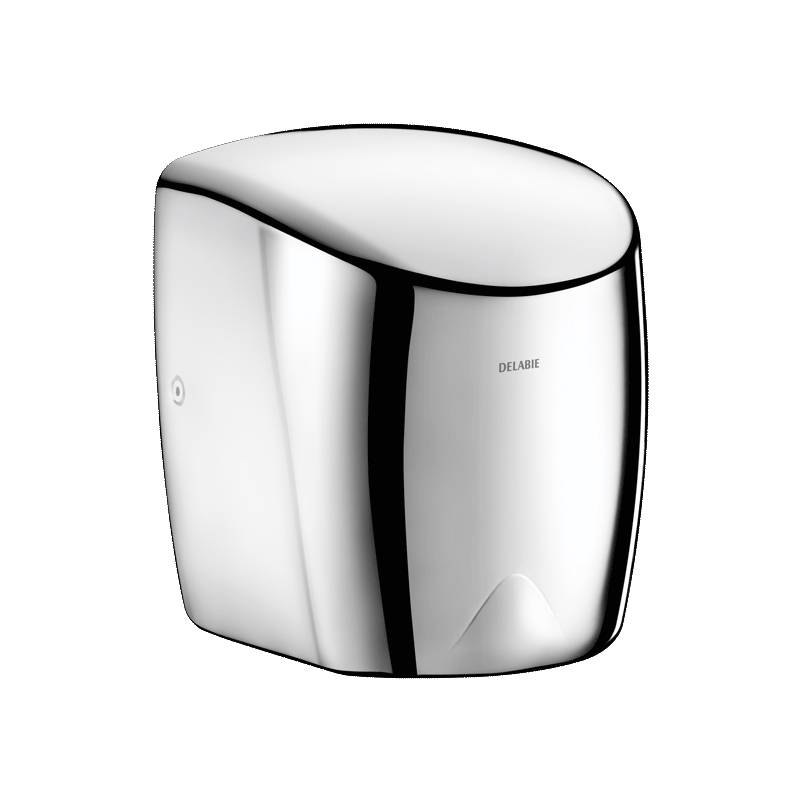 Ein weißer und schwarzer automatischer Handtrockner mit elegantem, modernem Design, der an einer Wand montiert ist und den Markennamen an seiner Vorderseite trägt.