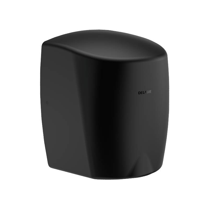 Ein schwarzer Deblite-Handtrockner, der an einer dunklen Wand montiert ist.