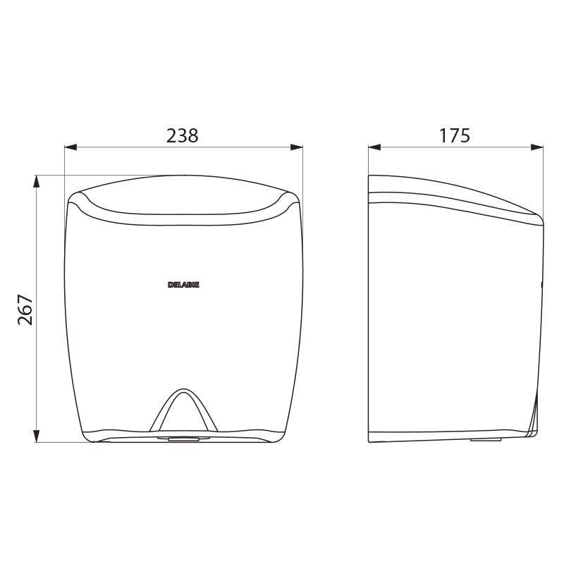 Technische Zeichnung eines wandmontierten Papierhandtuchspenders mit Abmessungen: 238 mm Breite, 267 mm Höhe und 175 mm Tiefe.
