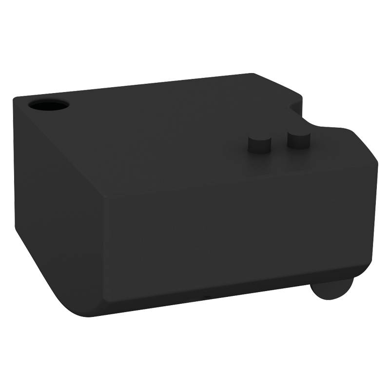 Eine kleine, schwarze, rechteckige Plastikbox mit zwei hervorstehenden kreisförmigen Elementen auf der Oberseite, möglicherweise eine Hardware-Komponente oder ein Gerätegehäuse.