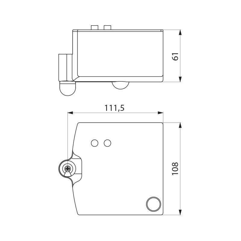 Technische Zeichnung einer mechanischen Komponente mit Seiten- und Frontansichten. Abmessungen: Höhe 61 mm und 108 mm, Länge 111,5 mm.
