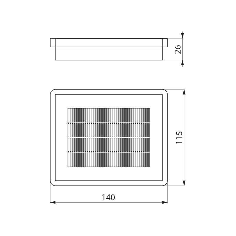 Technische Zeichnung eines rechteckigen Lüftungsgitters, Abmessungen: 140 mm breit, 115 mm hoch, 26 mm tief, mit gitterförmigen Lamellen.
