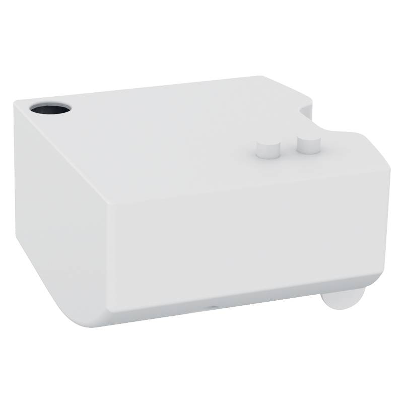 Ein einfaches rechteckiges mechanisches Bauteil mit zwei hervorstehenden zylindrischen Elementen auf der Oberseite und einem runden Loch an einer Seite, auf schwarzem Hintergrund isoliert.