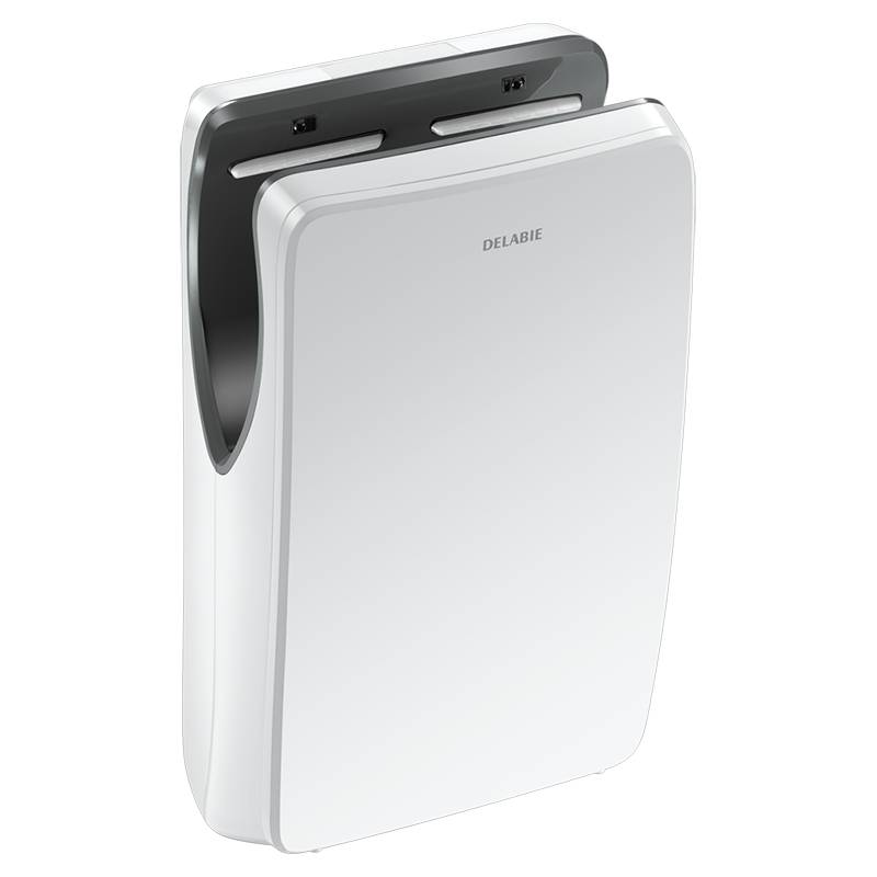 Wandmontierter, weißer Händetrockner mit elegantem Design und Sensorsteuerung zum berührungslosen Trocknen in öffentlichen Toilettenanlagen.
