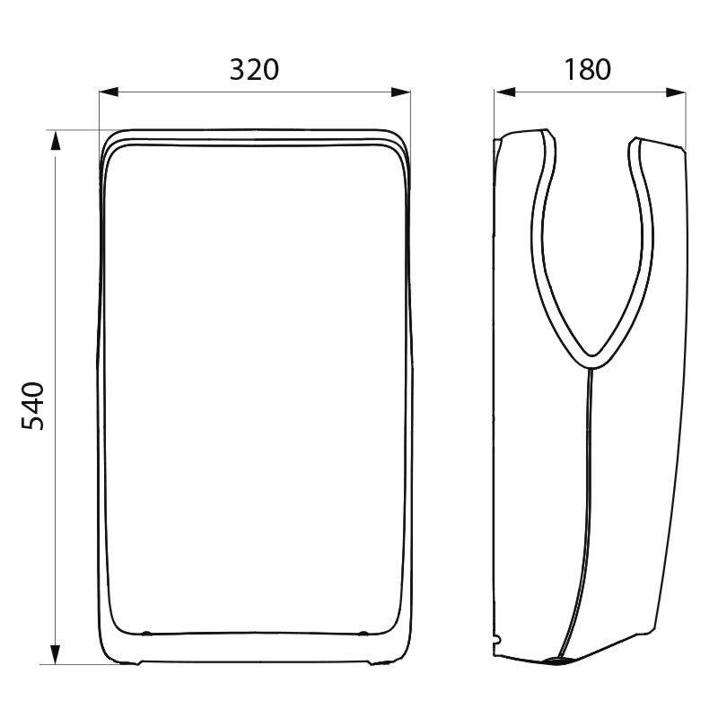 Diagramm eines Handtrockners mit Abmessungen: Höhe 540 mm, Breite 320 mm, Tiefe 180 mm. Seitenansicht zeigt einen U-förmigen Trockenbereich.