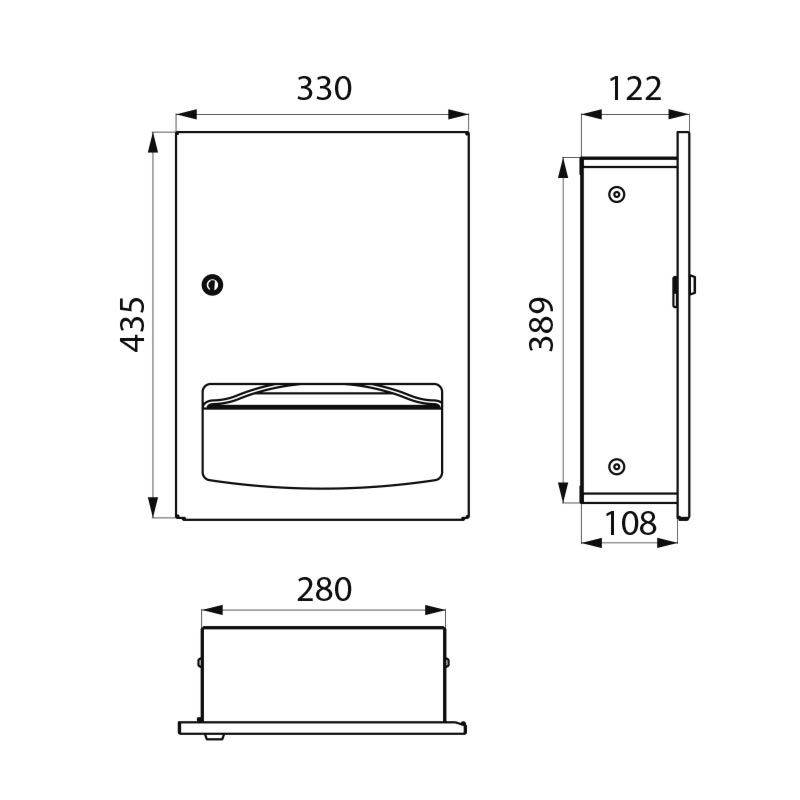 Technische Zeichnung einer rechteckigen Wandmontage-Box mit Vorder- und Seitenansicht und Abmessungen: 330x435 mm und 122 mm Tiefe.