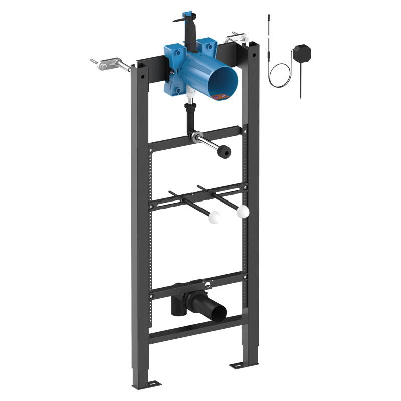 Eine Skizze eines Unterputz-Toilettenspülkastens mit Installationsrahmen, die die Stützstreben, die Spülrohrleitung und die Sanitäranschlüsse zeigt.