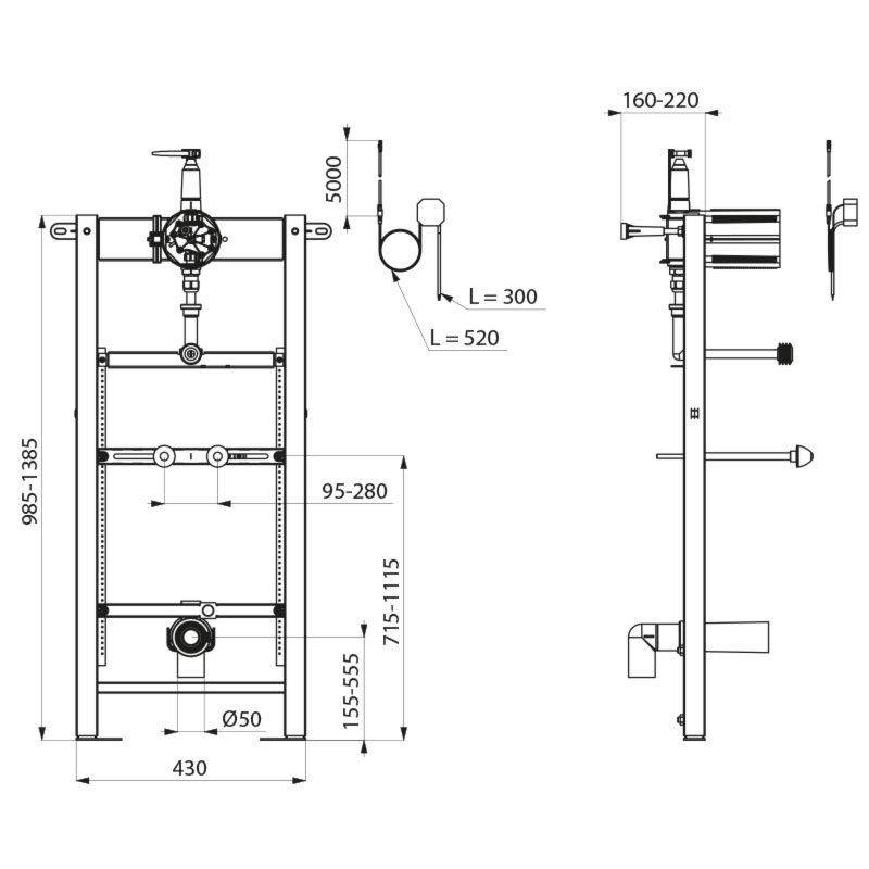 Technische Zeichnung eines wandmontierten Toiletteninstallationssystems, die Abmessungen, Komponentenpositionen und Rohranschlüsse zeigt.