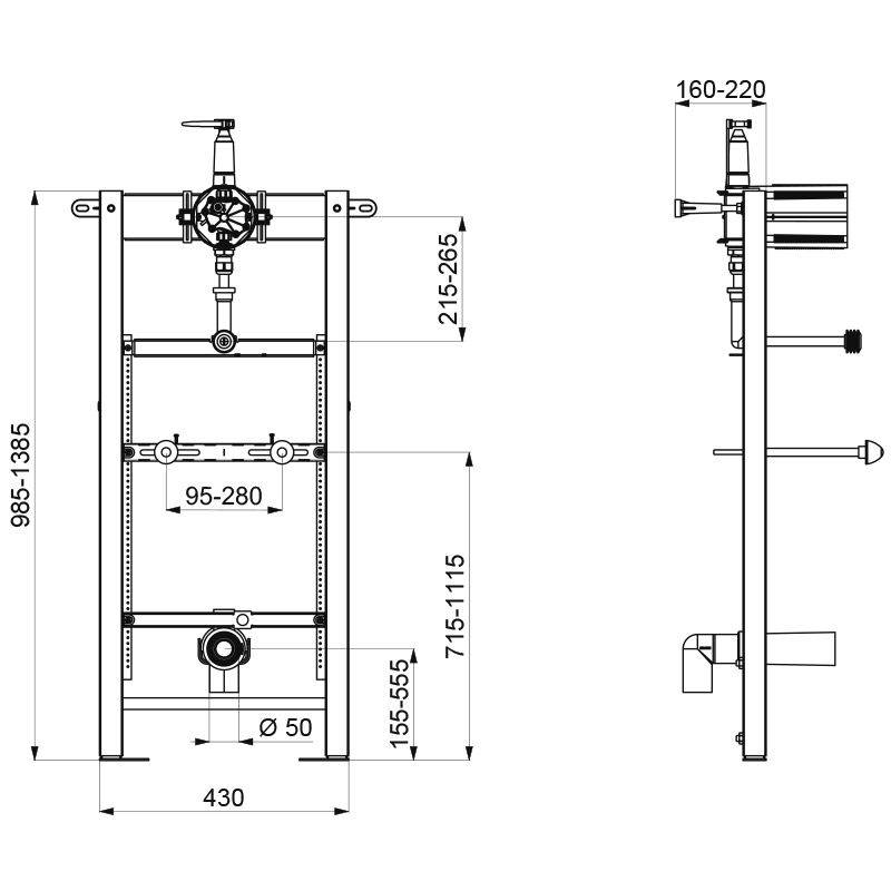 Eine technische Zeichnung eines wandmontierten Toiletteninstallationssystems, die Abmessungen und Verbindungen zeigt, einschließlich Details zum Wasserzulauf und -ablauf.