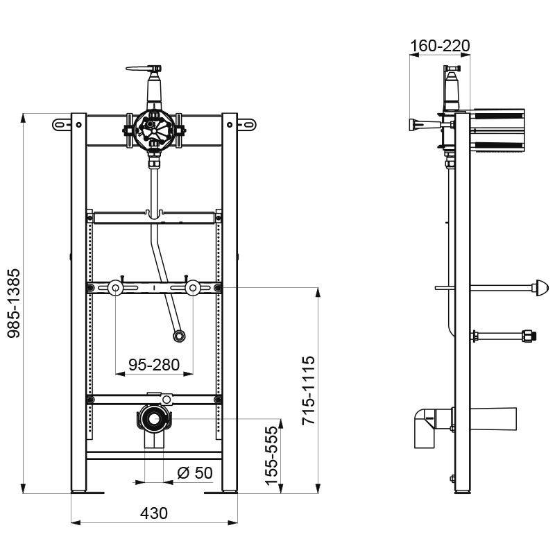 Technische Zeichnung eines wandmontierten WC-Installationsrahmens mit Abmessungen; Vorder- und Seitenansicht mit Maßangaben und Anschlüssen.