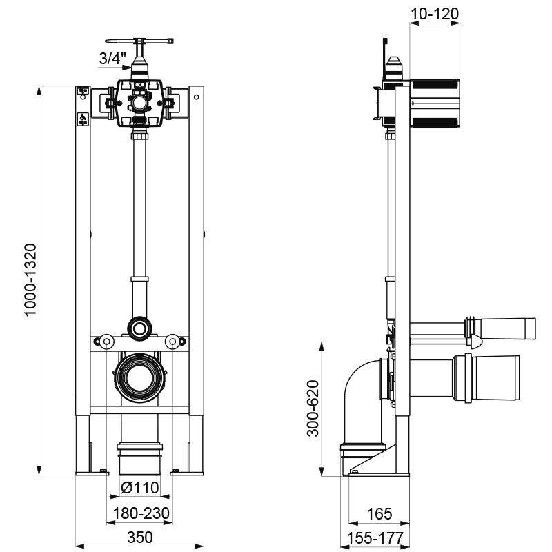 Technische Zeichnung einer Sanitärinstallation mit Abmessungen: Höhe 1000-1320 mm, Breite 350 mm, Tiefe 180-230 mm, Rohrdurchmesser Ø 110 mm.