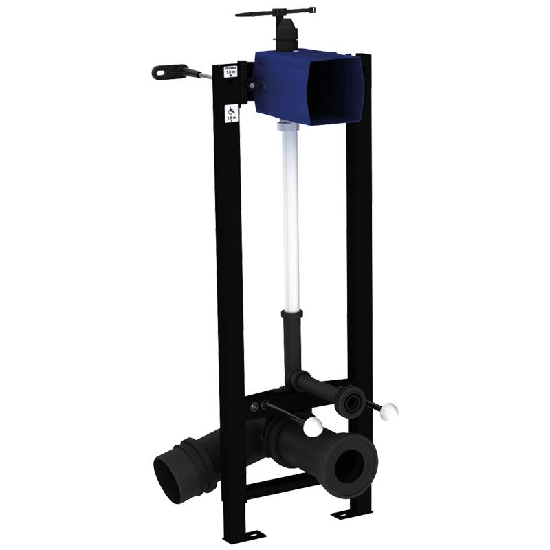 AquaBlade' Rahmen für wandhängende Toiletten in Schwarz und Blau, der ein verdecktes wassersparendes und effizientes Spülsystem präsentiert.