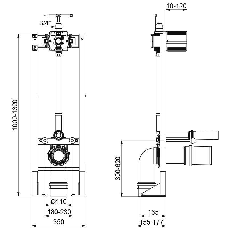 Technische Zeichnung eines Rohrsystems, die Abmessungen und Rohrverbindungen für eine Wandmontierte Armatur mit beschrifteten Maßangaben zeigt.