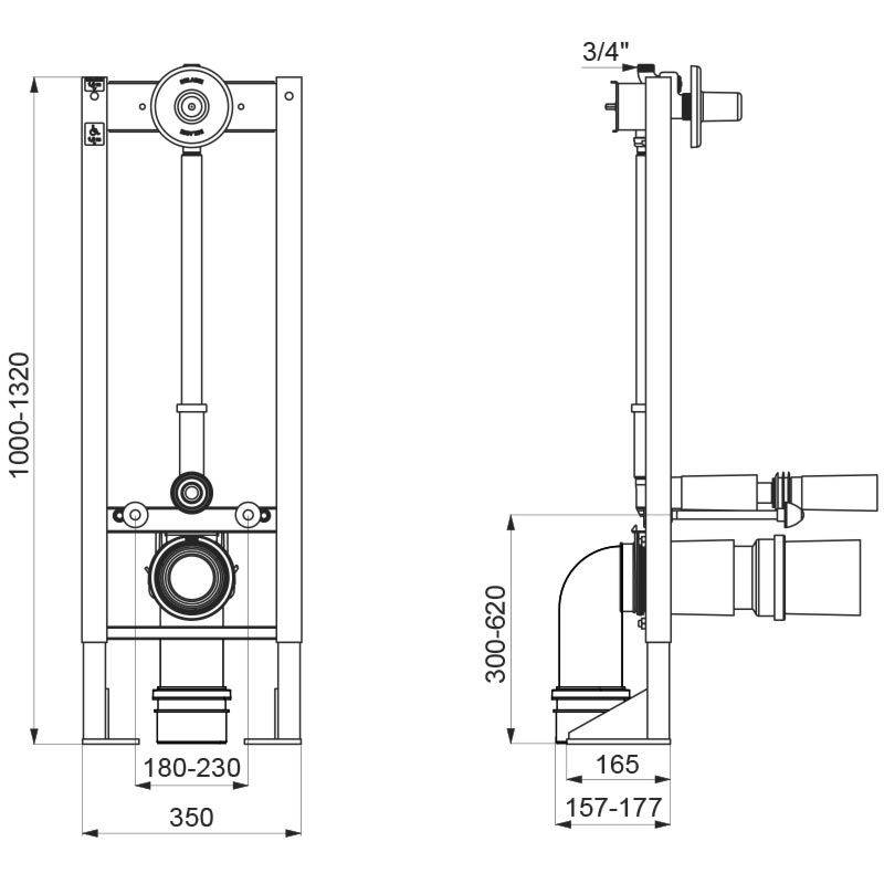 Technische Zeichnung einer Sanitärinstallation. Vorder- und Seitenansicht mit Maßangaben. Schlüsseldimensionen: Breite 350 mm, Höhe 1000-1320 mm.
