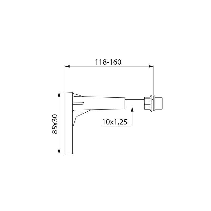 Technische Zeichnung einer Halterung mit Abmessungen: Breite 85x30mm, Länge verstellbar 118-160mm, Bolzengröße 10x1,25mm.