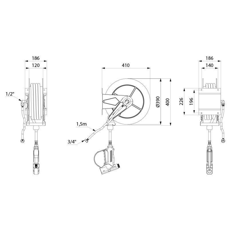 Technische Zeichnung einer Schlauchtrommel mit Abmessungen: 410 mm Durchmesser, 396 mm Tiefe, 226 mm Höhe. Einlass: 1/2