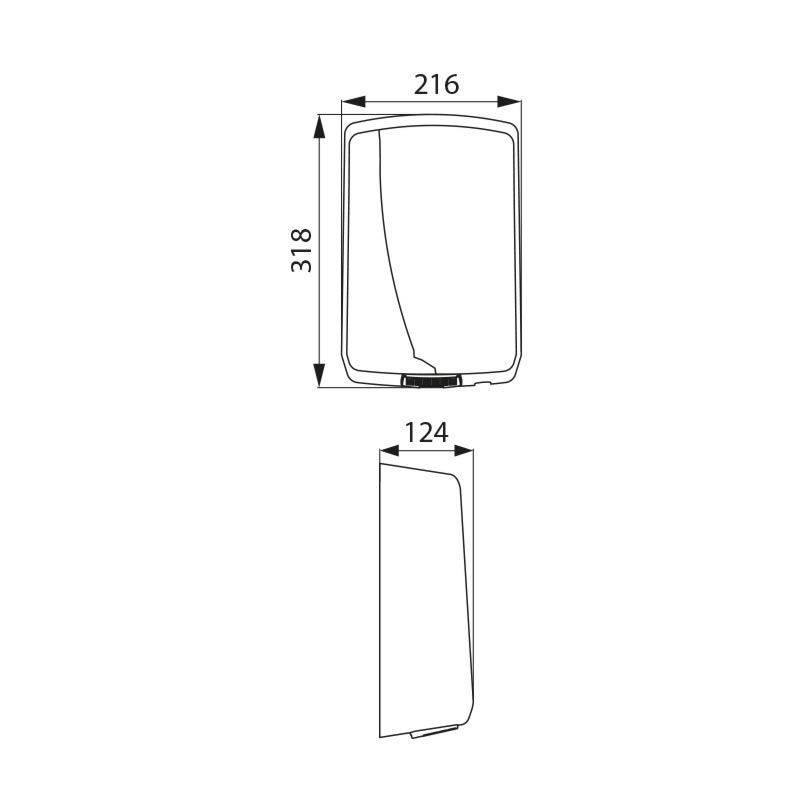Technische Zeichnung eines rechteckigen Spenders, Frontansicht Abmessungen: 216 x 318 mm, Seitenansicht Abmessung: 124 mm.