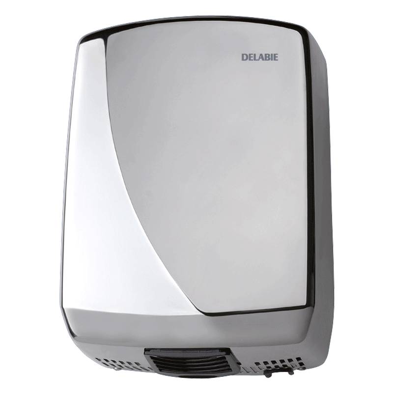 Handtrockner von 'Delabie' mit elegantem, modernem Design, ausgestattet mit reflektierender Chrom-Oberfläche und kompakter rechteckiger Form.