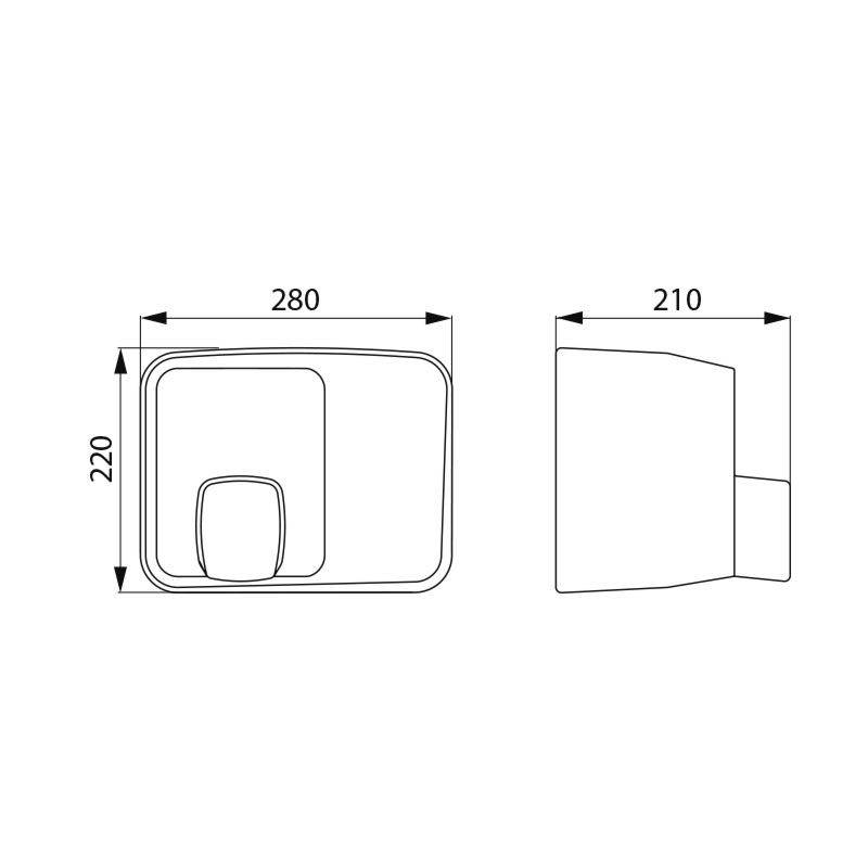 Diagramm eines rechteckigen Beckens mit Abmessungen: 280 mm Breite, 220 mm Länge und 210 mm Höhe, mit Seiten- und Draufsicht.