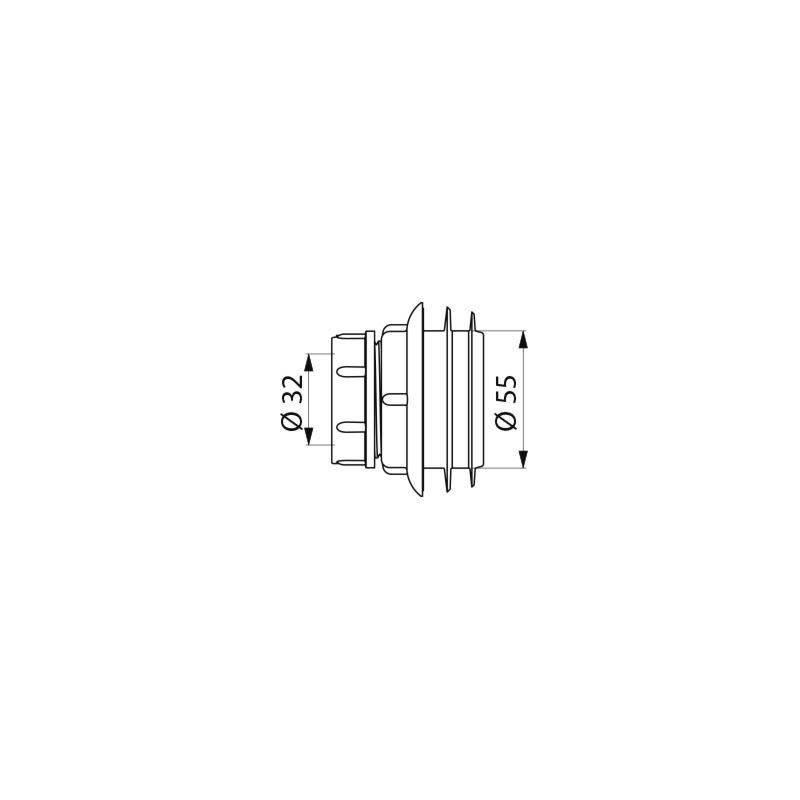 Technische Zeichnung eines zweiteligen Verbindungssystems. Das Stück hat an einem Ende einen Durchmesser von 32 mm und am anderen Ende einen Durchmesser von 55 mm.