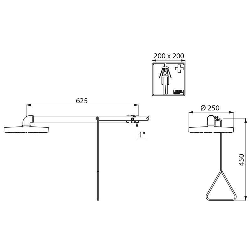 Duscharmatur-Abmessungen: 625 mm Breite, 450 mm Höhe und 250 mm Durchmesser. Wandmontagehalterung: 200x200 mm.