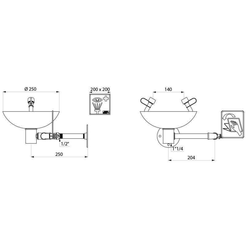 Maße zweier Waschbeckendesigns mit Wandhalterungen und Rohrleitungsdetails; linkes Design zeigt ein Einzelwaschbecken, rechtes Design verfügt über zwei Becken.