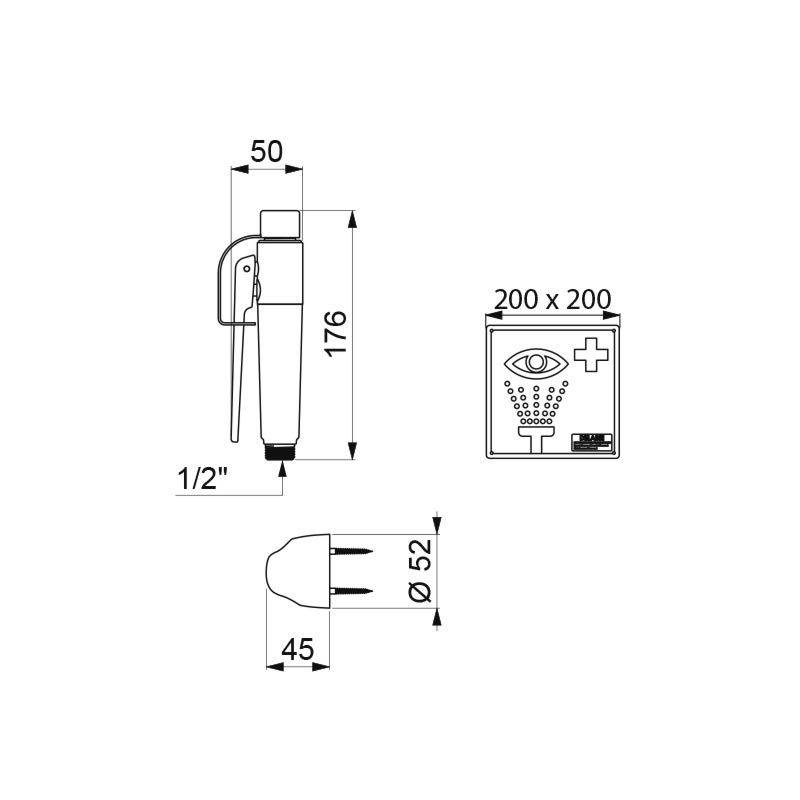 Technische Zeichnung einer tragbaren Augenspülbrause mit Maßangaben: 176 mm Höhe, 50 mm Breite, 52 mm Düsendurchmesser und 45 mm Länge.