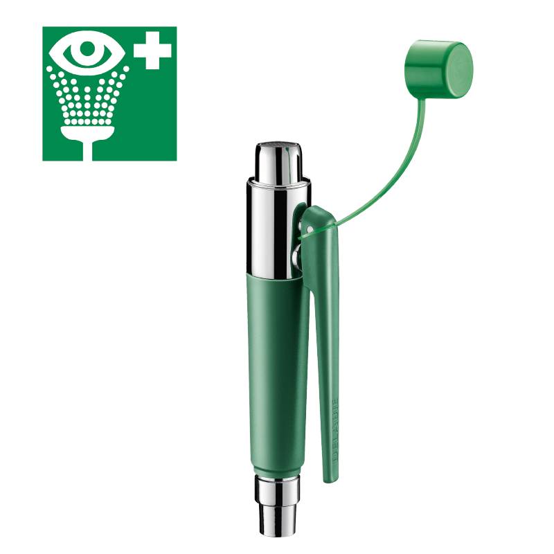 Augenspülstation mit Schutzkappe; grüner Hintergrund mit weißem Augenwäsche-Symbol.