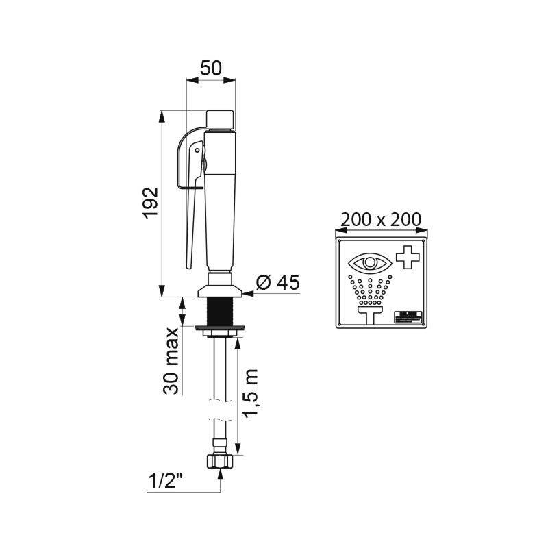 Diagramm einer tragbaren Augenspüleinheit mit Maßangaben: 192 mm Höhe, 50 mm Breite, Düsendurchmesser 45 mm und Rohrgröße 1/2 Zoll.