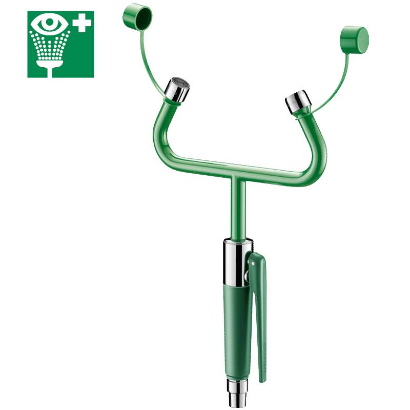 Symbol für eine Notduschenstation mit angeschlossener Doppeldüsen-Augendusche für Sicherheits- und Erste-Hilfe-Zwecke. Grünes Schild mit weißem Kreuz.