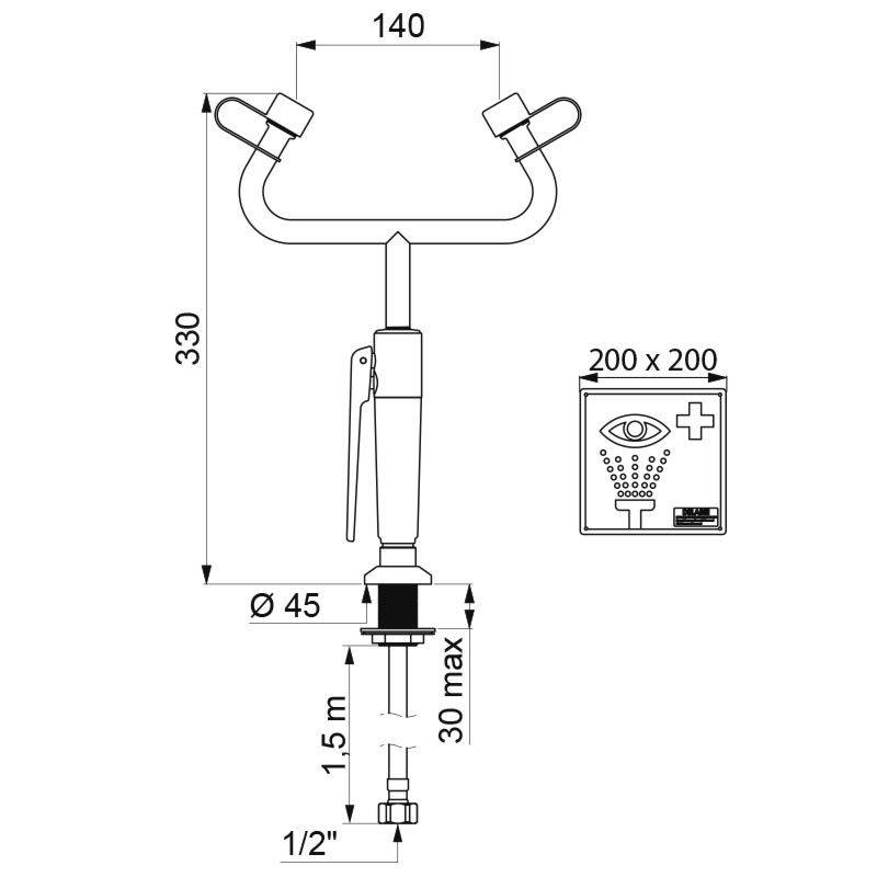 Technische Zeichnung eines Wasserhahns mit Maßangaben: 330 mm Höhe, 140 mm Breite, 45 mm Durchmesser. Enthält Installationsdetails.