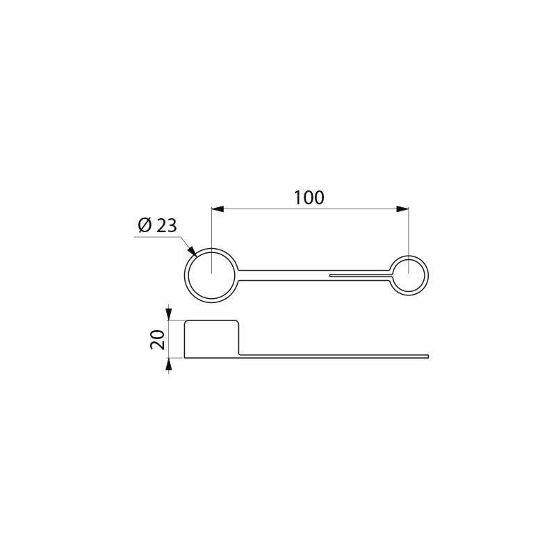 Eine technische Zeichnung, die einen Stab mit zwei kreisförmigen Enden zeigt, beschriftet mit ‚Ø 23', Länge ‚100' und Dicke ‚20'. Seiten- und Draufsicht enthalten.
