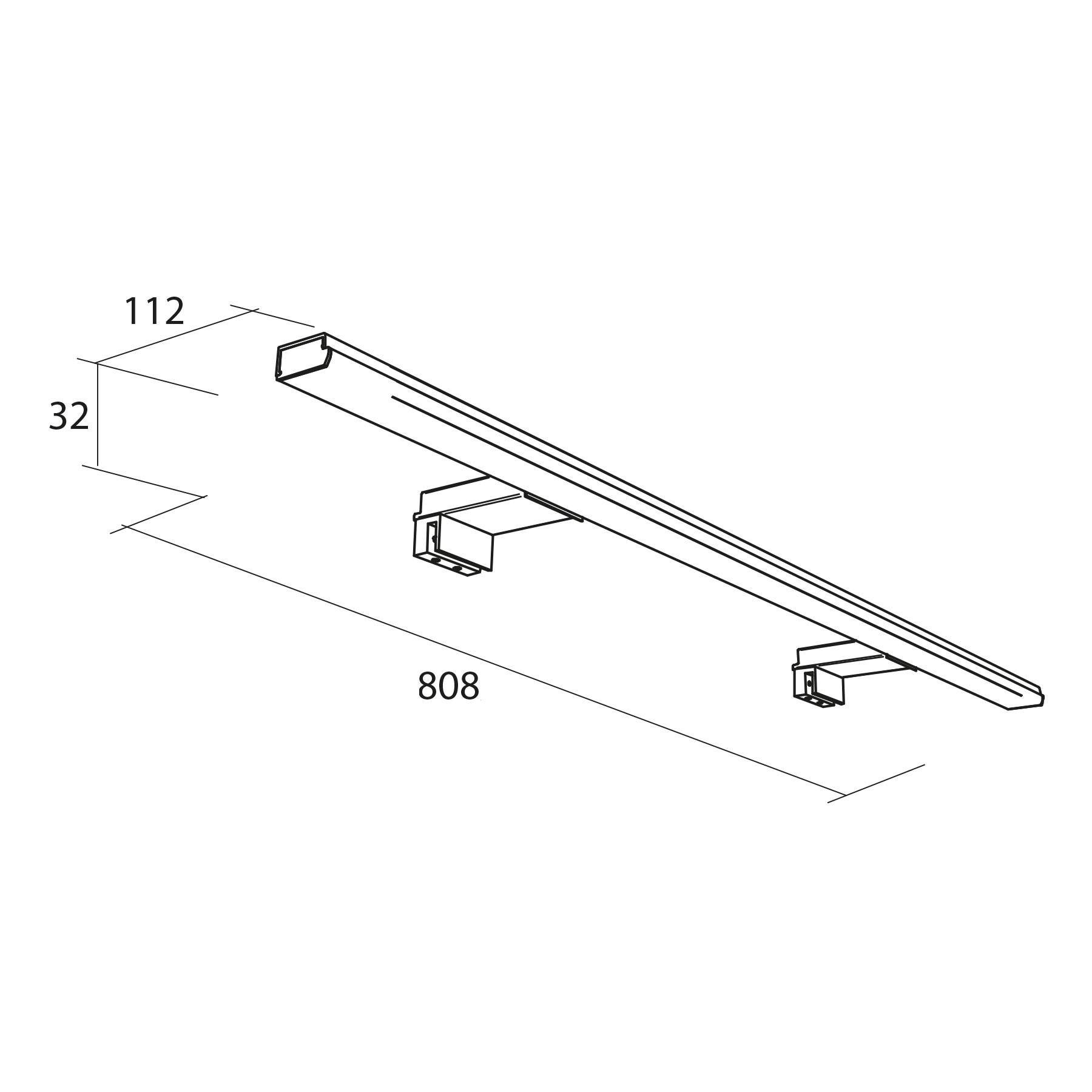 Technische Zeichnung einer linearen Leuchte. Abmessungen: Länge 808 mm, Breite 112 mm, Höhe 32 mm. Teile für die Montage beschriftet.