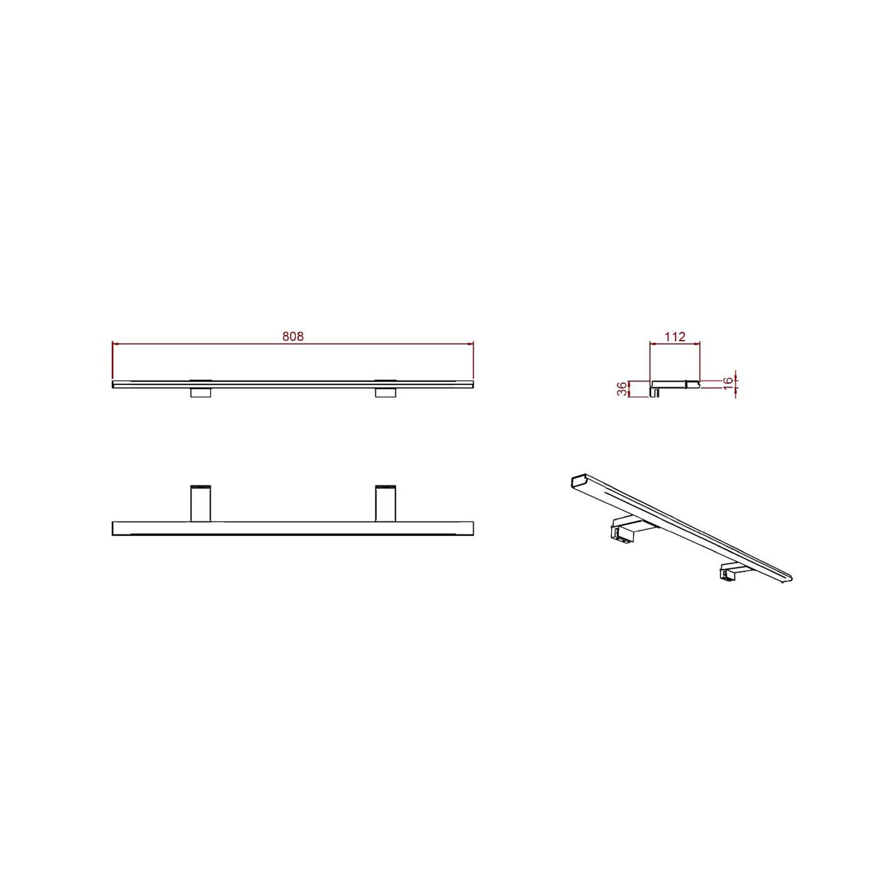 Technische Zeichnung einer horizontalen Leuchte. Abmessungen: 808 mm Breite, 112 mm Tiefe. Seiten- und Perspektivansichten enthalten.