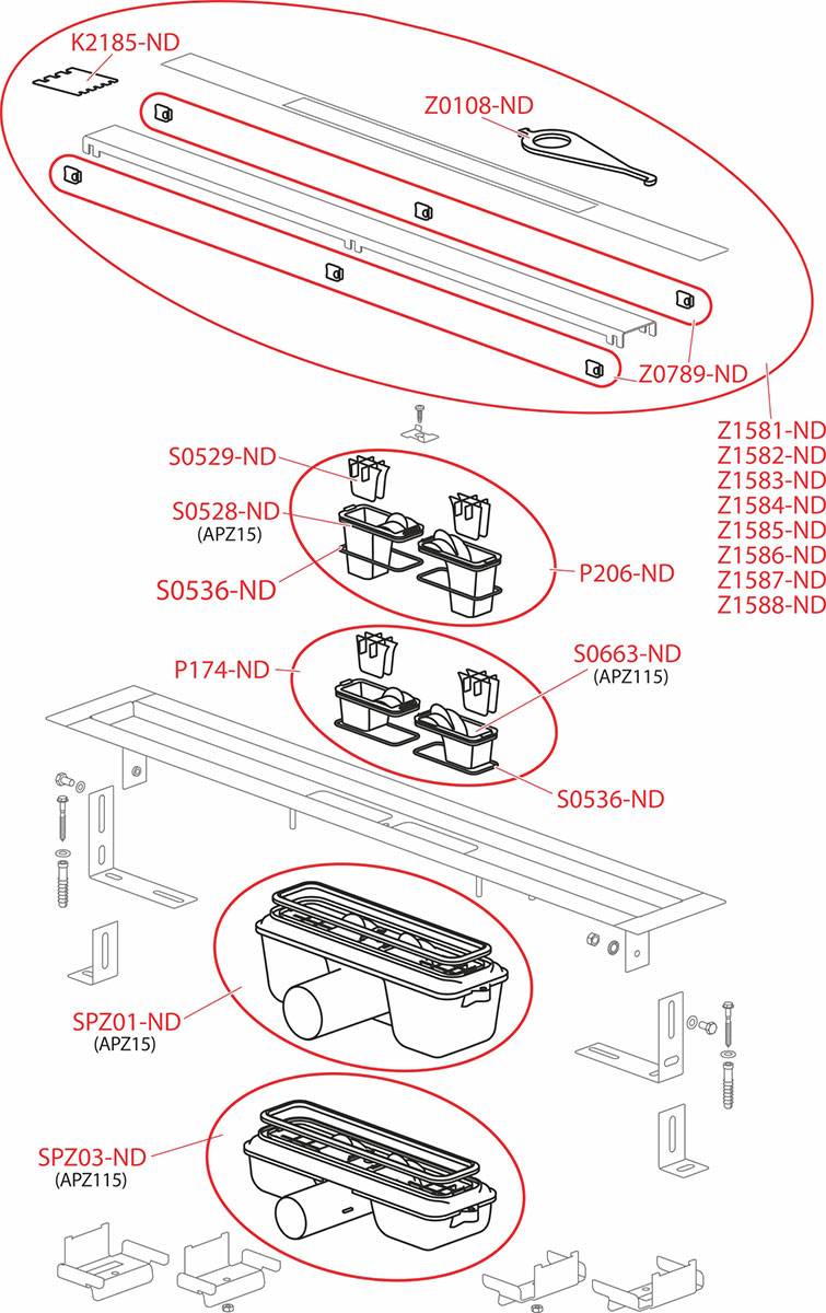 Technische Schemazeichnung mit Teilen und ihren Codes für die Montage, die Halterungen, Schrauben und Stützen mit Codes wie 'Z1581-ND' zeigt.