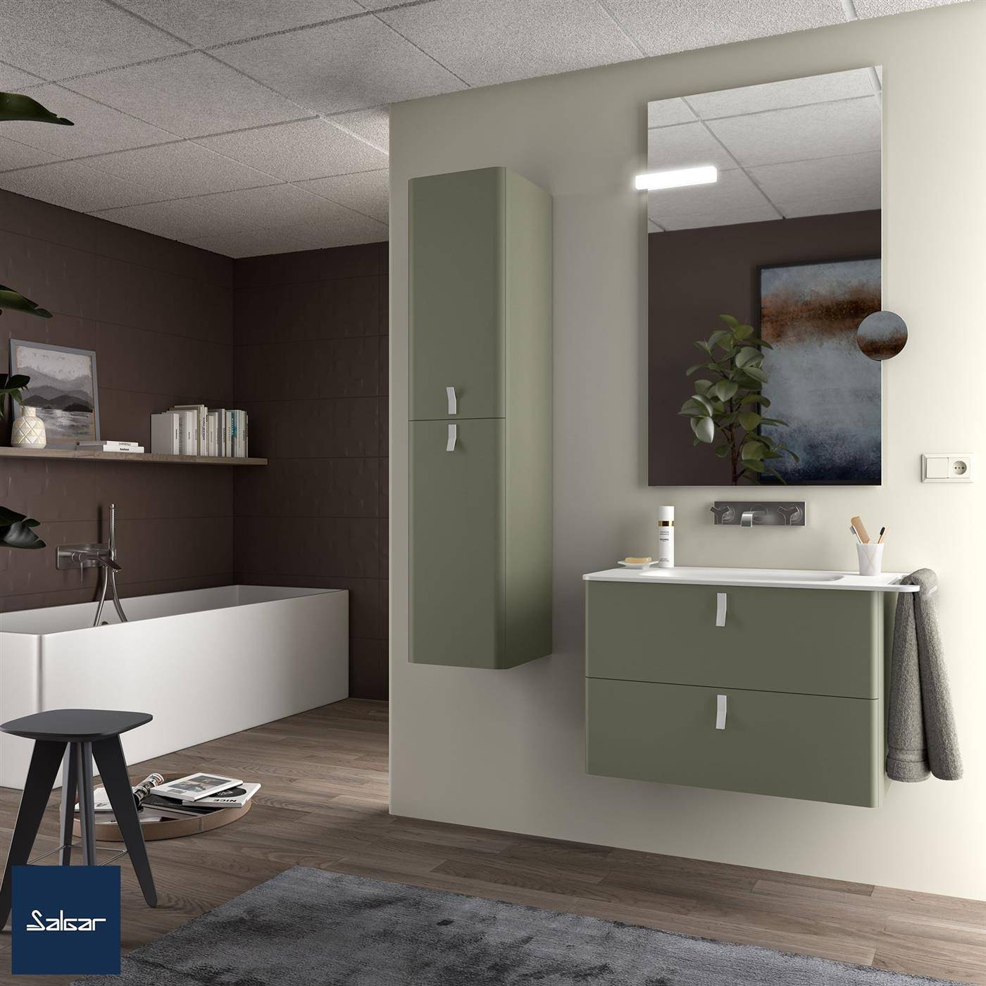 Modernes Badezimmer mit Badewanne, wandmontiertem Waschtisch, Spiegel und hohem Schrank in gedämpftem Grün, dargestellt in einer minimalistischen Innenarchitektur-Visualisierung.