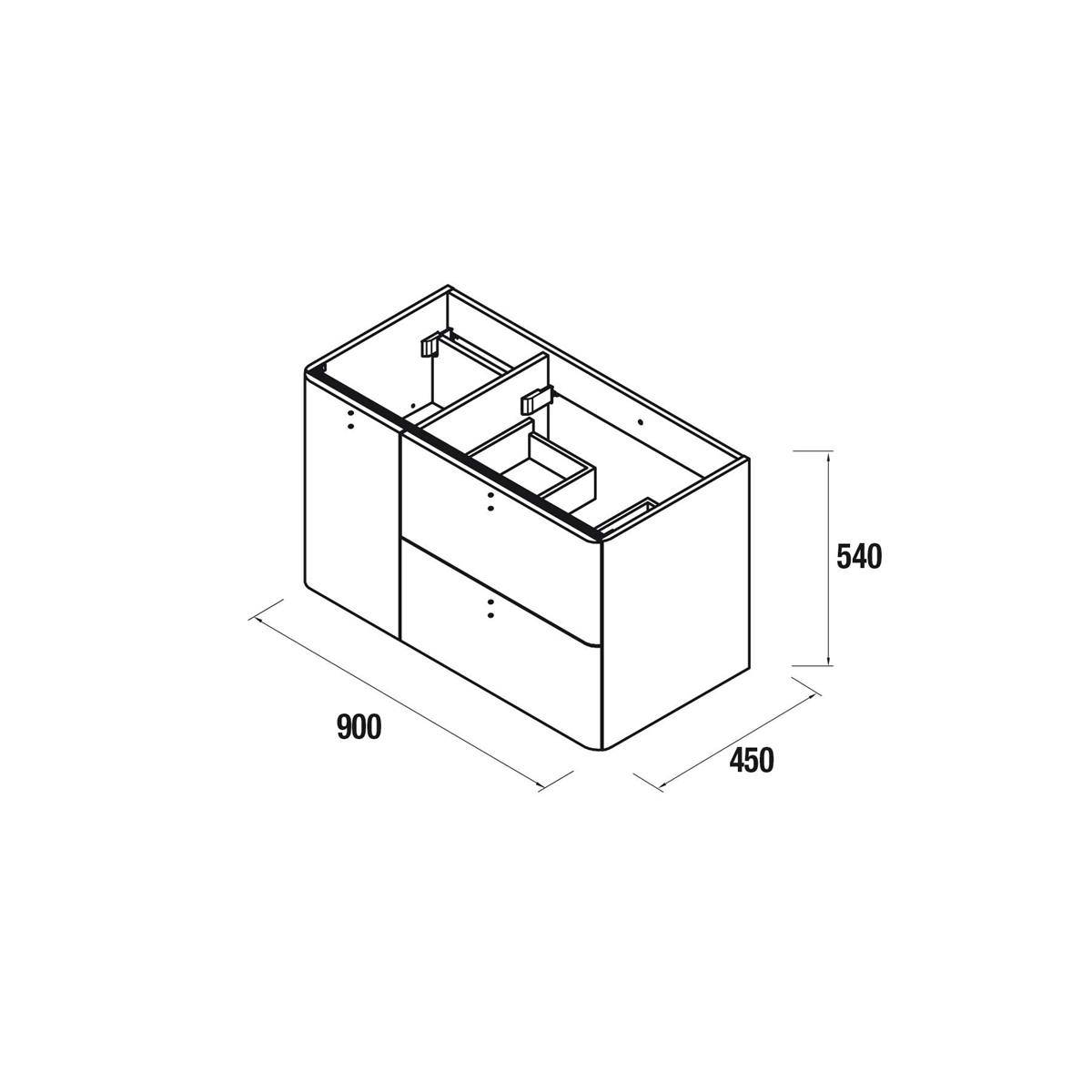 Isometrisches Schrankdiagramm mit Abmessungen: 900 breit, 450 tief, 540 hoch.