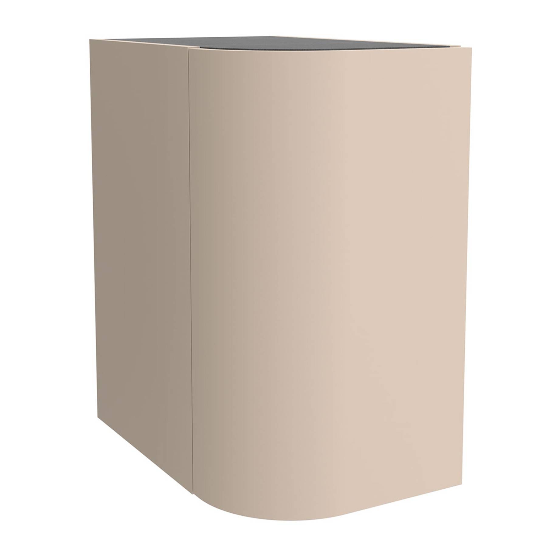 Ein beiger, geschwungener Küchen-Eckunterschrank mit glatter Oberfläche, geeignet für moderne Kücheneinrichtungen.