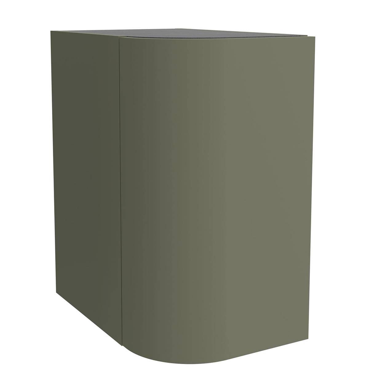 Olivgrüner rechteckiger Schrank oder eine Box mit abgerundeter Vorderkante unten, einfach in 3D auf weißem Hintergrund dargestellt.