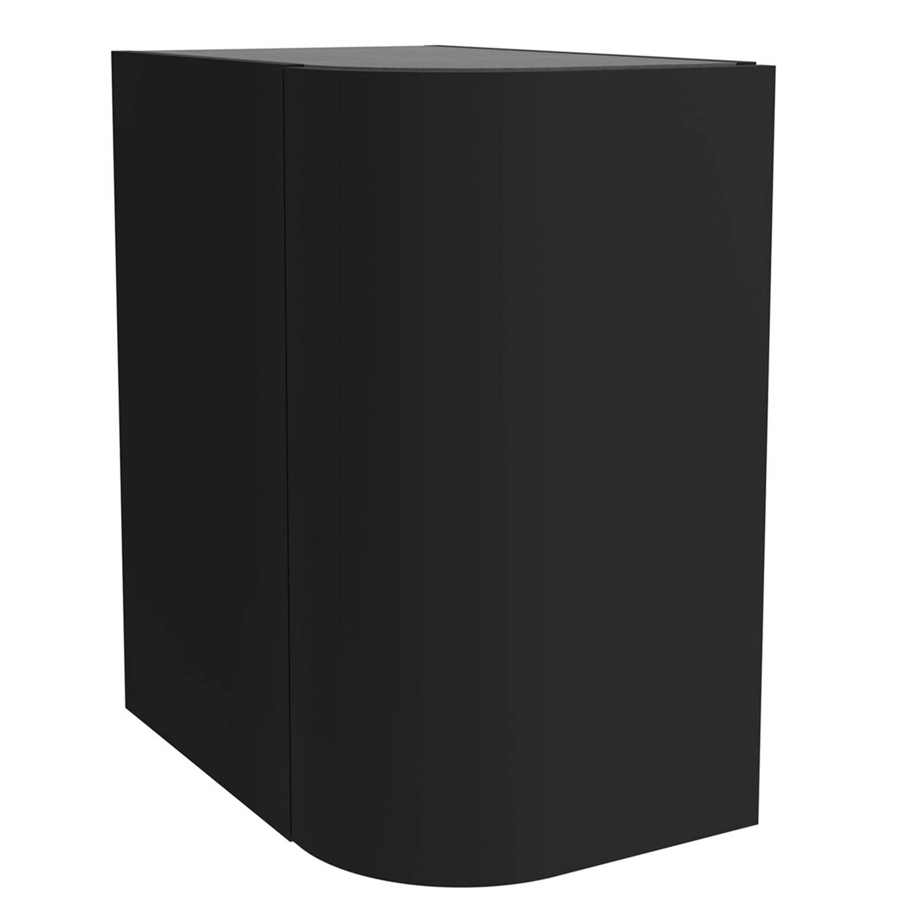 Ein schwarzer, rechteckiger Lautsprecher mit glatten Kanten vor einem weißen Hintergrund.