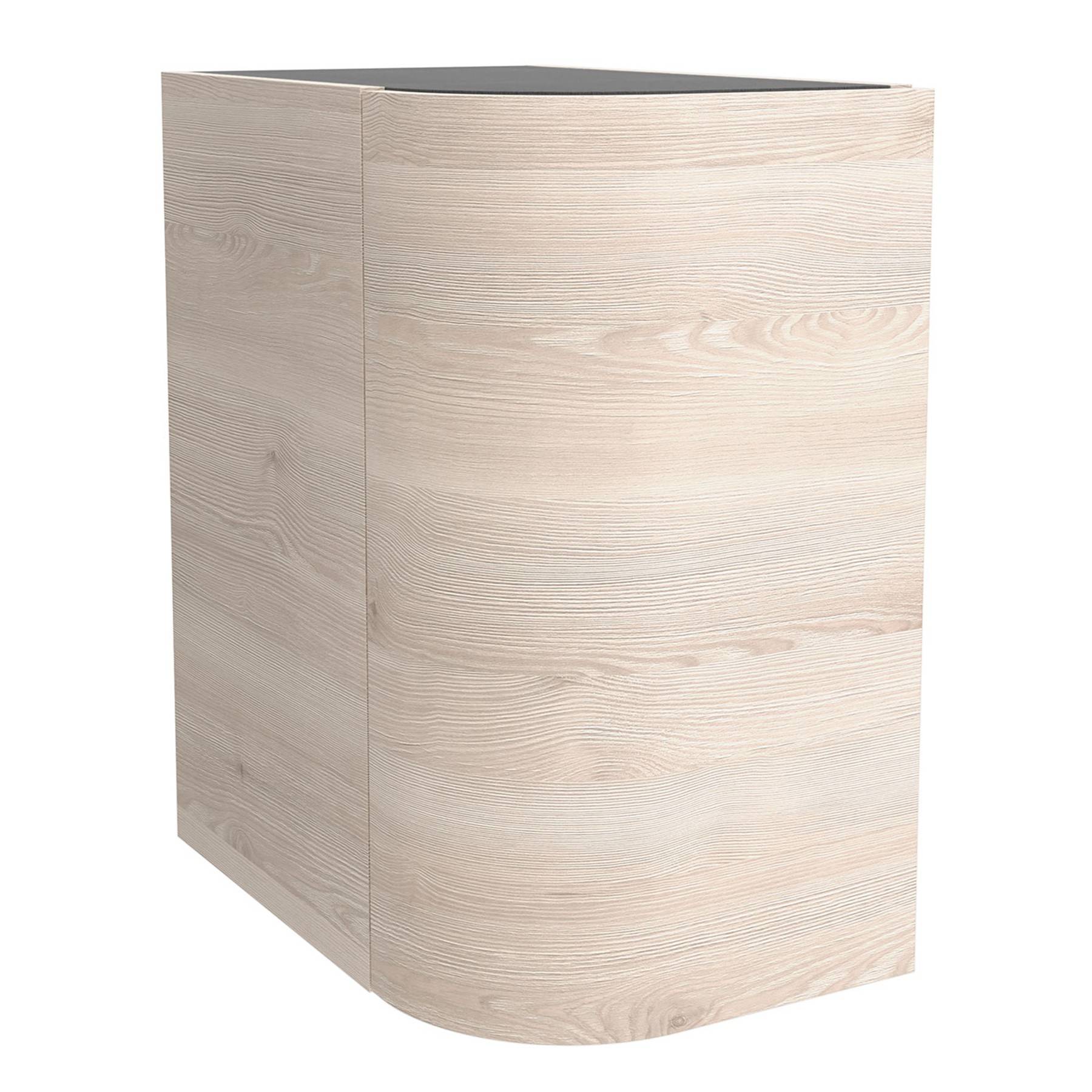 Helles Holz-Eckschrank mit glatter Oberfläche, ausgestattet mit einer abgerundeten Vorderkante und elegantem modernem Design.