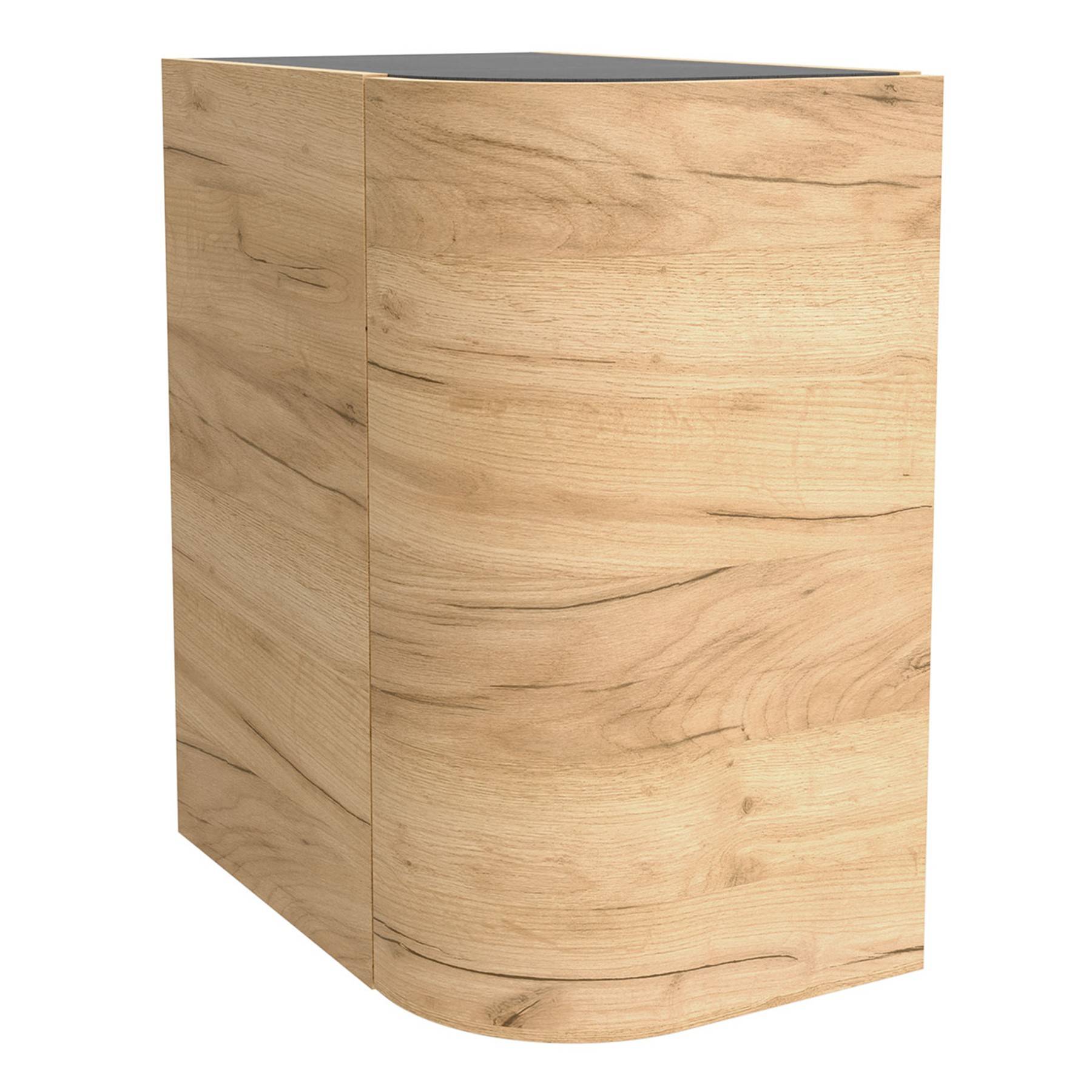 Ein holzmaserierter, rechteckiger Sockel mit abgerundeten Vorderkanten, geeignet für Präsentations- oder Lagerzwecke.