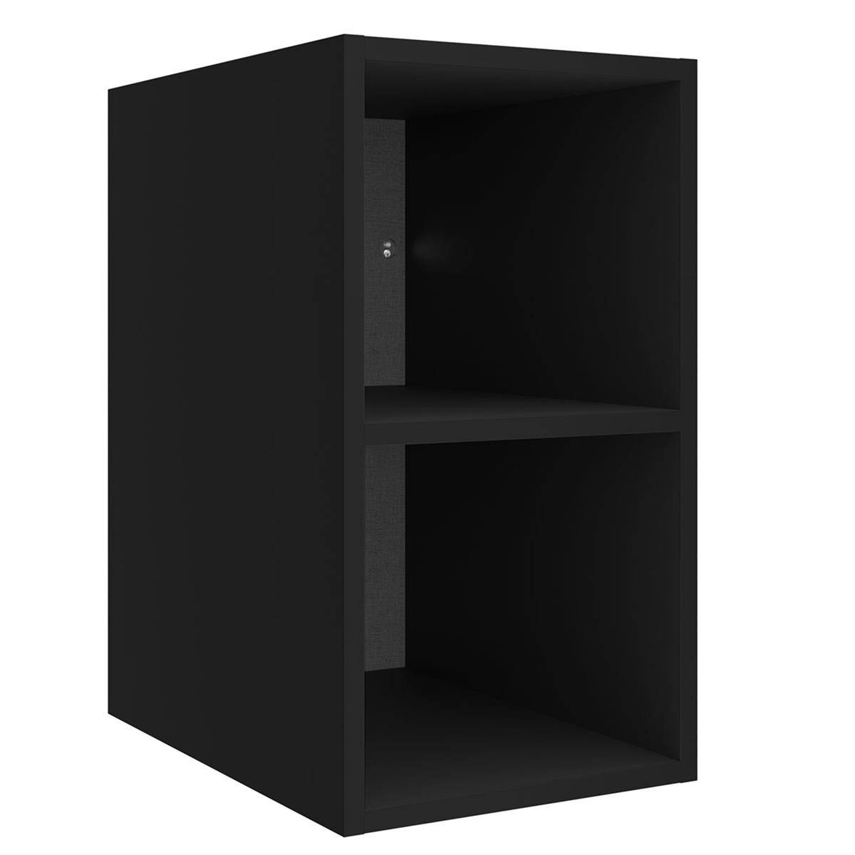 Schwarzer offener Wandschrank mit zwei leeren Regalen und einem zentralen Teiler, auf weißem Hintergrund dargestellt.